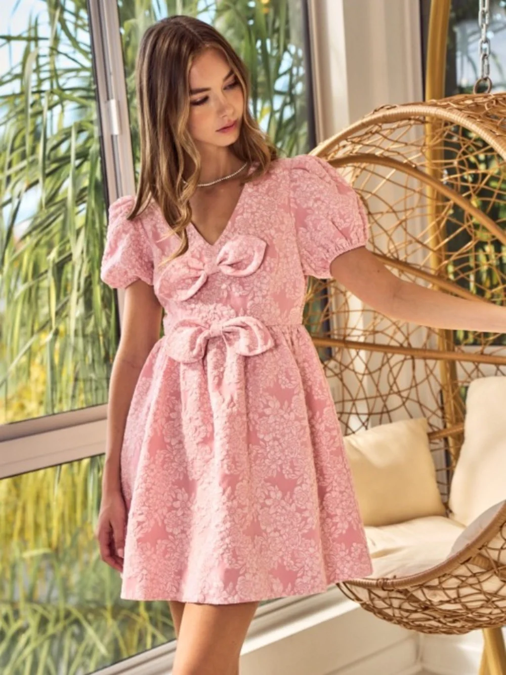 Jacquard Puff Sleeve Mini Dress Double Bow Detail - Picture 4 of 6